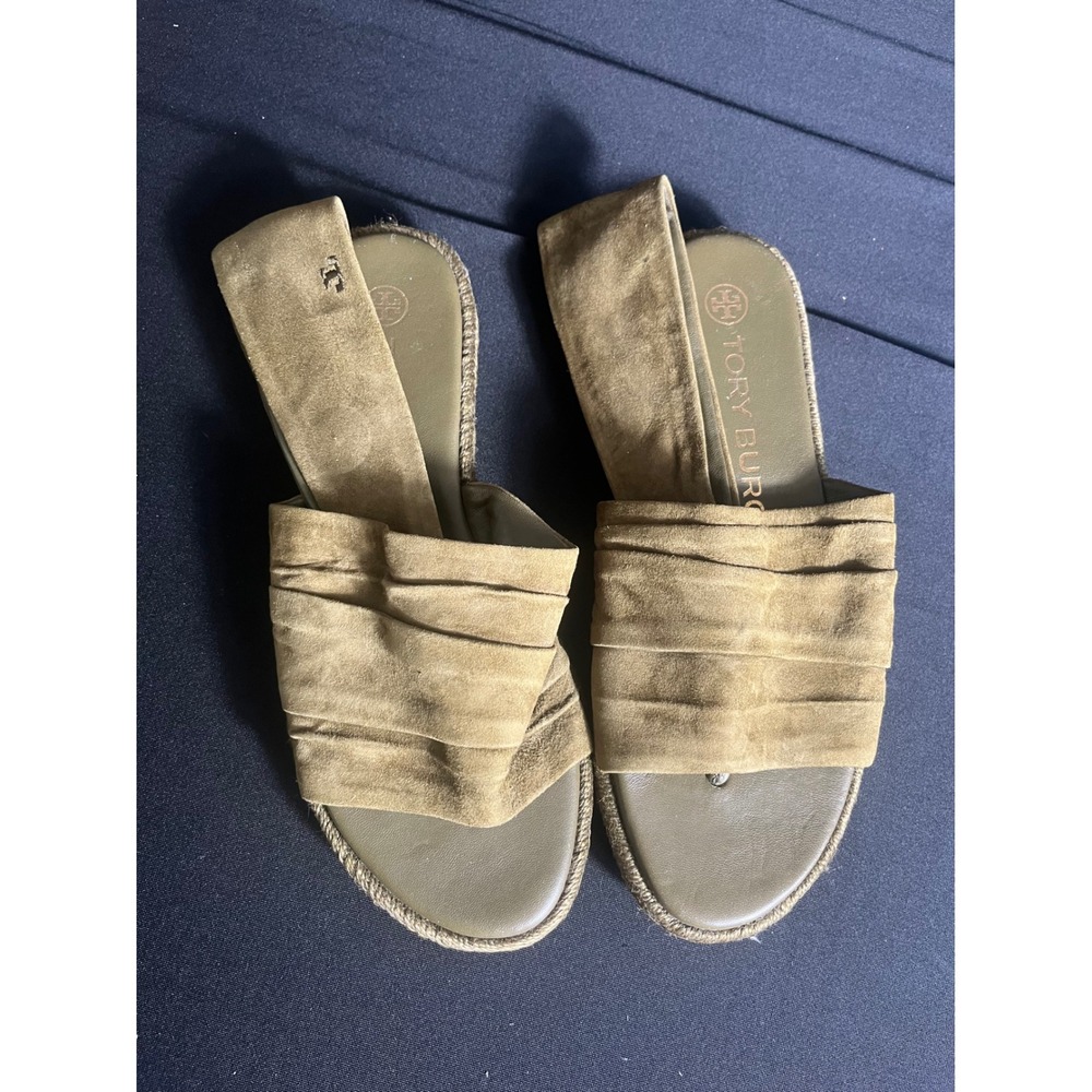 Tory Burch Olive Suede Ruched Slingback Sandals - Picture 1 of 5